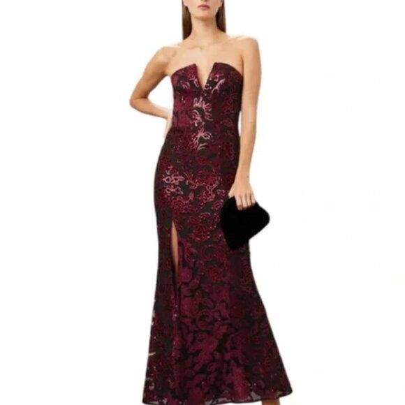 Dress the Population Dresses & Skirts - Dress The Population Sequin Floral Lace Fernanda Gown Strapless Burgundy, XL